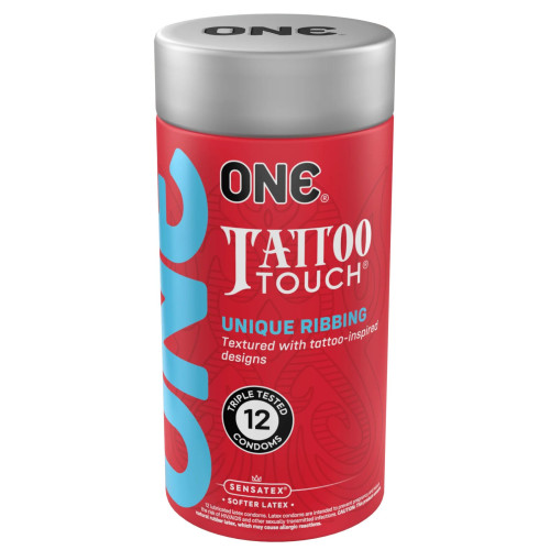 Презервативи ONE Tattoo Touch, 12 шт, рельєф у вигляді тату, 3 різновиди, подарункове паковання-тубу